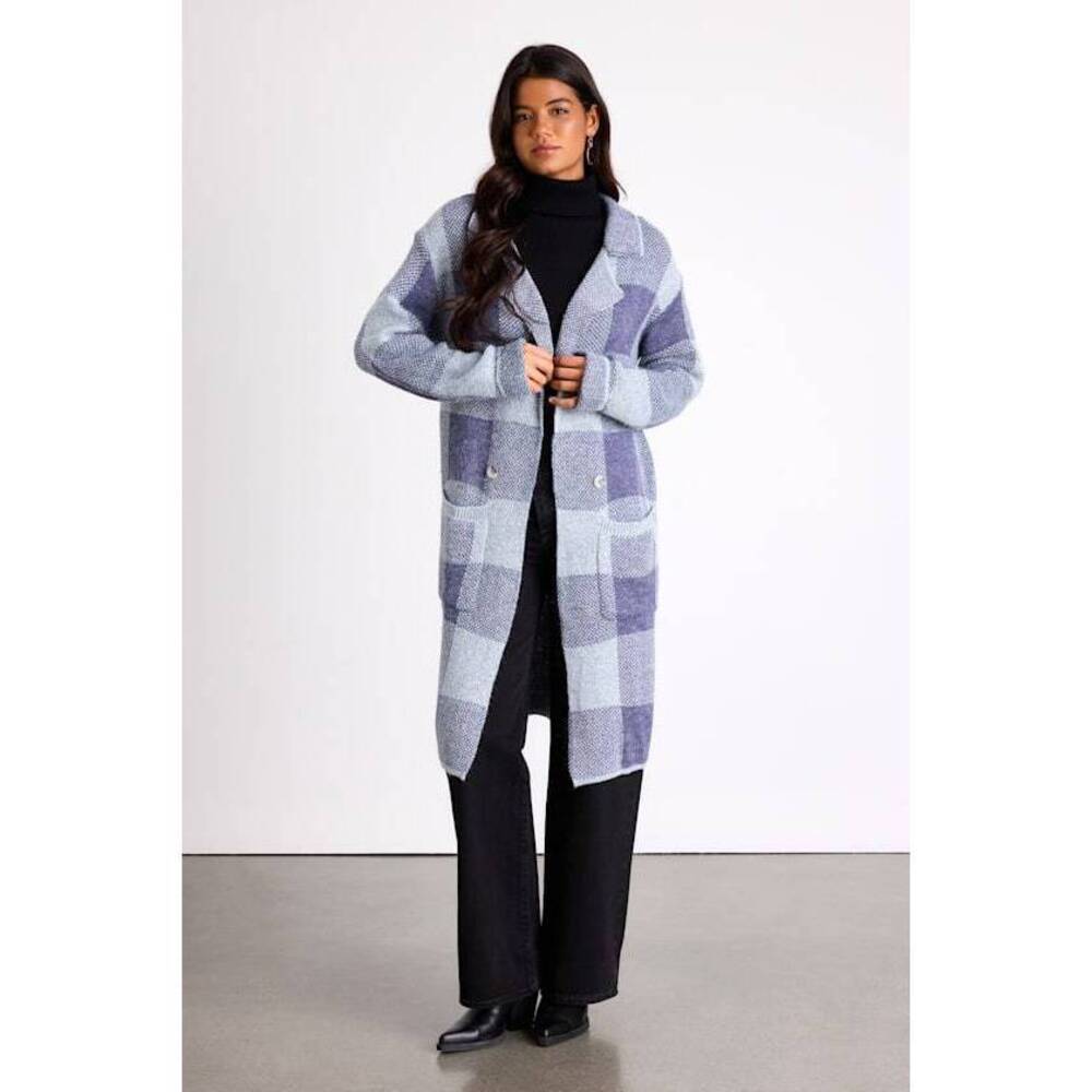 Lulus Cuddle Club Blue Plaid Long Sleeve Coatigan - Size S